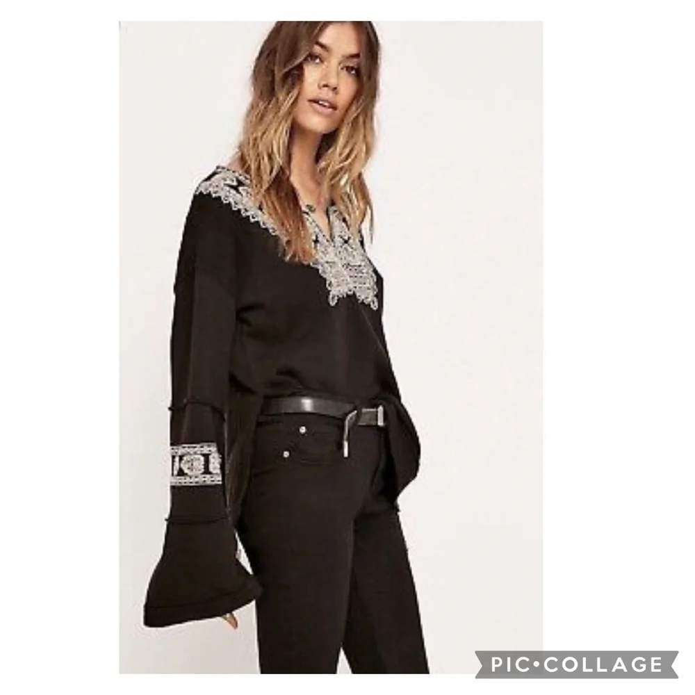 Free People Santa Maria Boho Embroidered Knit Pull-Over Top Size XS